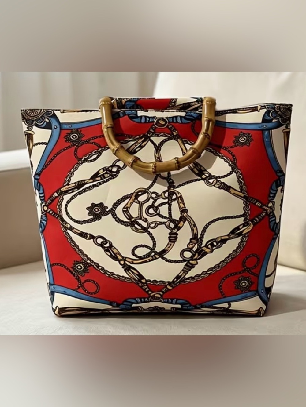 Designer Style Scarf Print 
Coated Canvas w/Bamboo
Style Handled Tote Bag NIP - Picture 3 of 10
